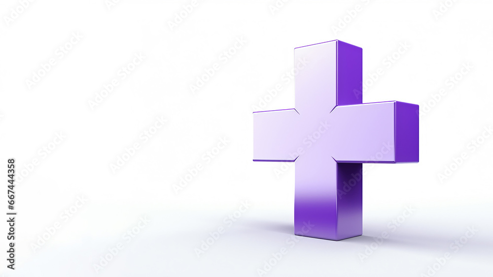 Obraz premium The model of light purple shiny cross or plus symbol isolated on the simple bright solid background. Generative AI.