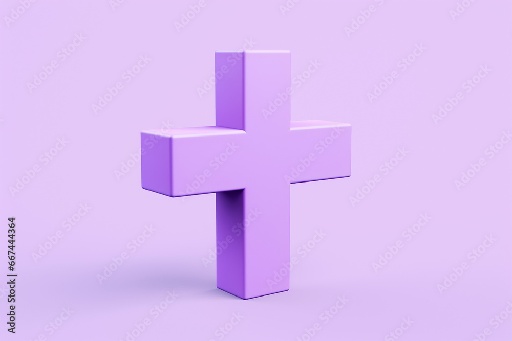 The model of light purple shiny cross or plus symbol isolated on the simple bright solid background. Generative AI. The model of light purple shiny cross or plus symbol isolated on the simple bright solid background. Generative AI.