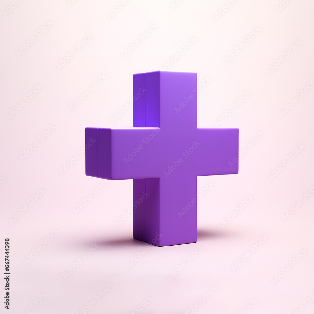 The model of light purple shiny cross or plus symbol isolated on the simple bright solid background. Generative AI.