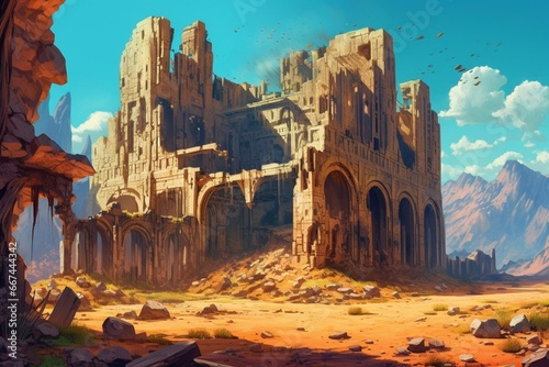 Vibrant, post-apocalyptic desert with ancient ruins. Generative AI