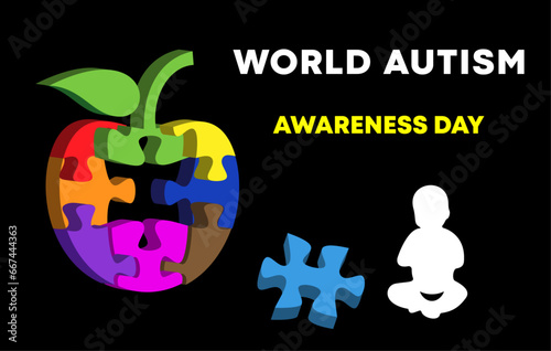 World Autism Awareness Day. Graphic concept vector with colorful apple puzzle on black background. 