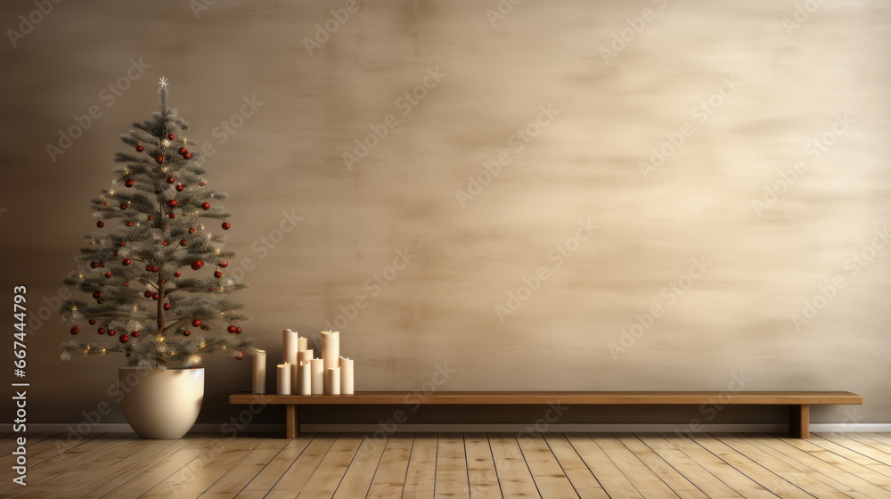 Christmas tree in Modern design room interior. Concept of new year and celebration. Copy space wall. Ai generative. Christmas tree in Modern design room interior. Concept of new year and celebration. Copy space wall. Ai generative.