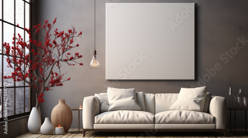 Christmas tree with couch in Modern design room interior. Concept of new year and celebration. Blank mock up poster on empty wall. Ai generative. © ImageFlow