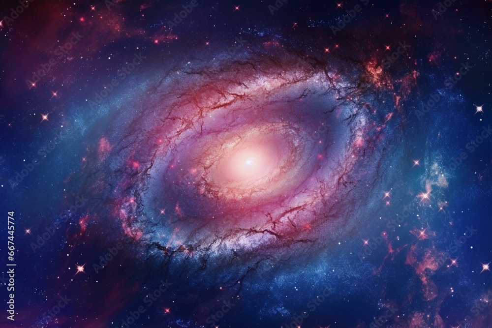 A spiral galaxy surrounded by stars and a blue sky background, featuring a bright blue and purple galaxy with a red and white spiral in the center. Generative AI