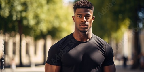 fit sporty young African man wearing black sportswear relaxing, generative AI © VALUEINVESTOR