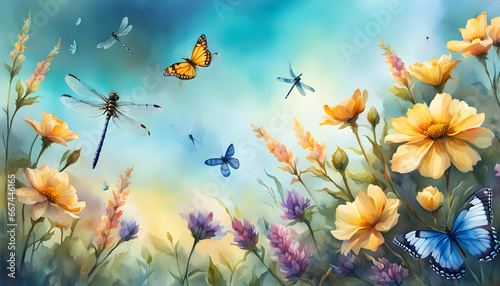 watercolor llustration of a landscape of blossoms, flower, branches, dragonflies and butterflies with a sky background © Perecciv