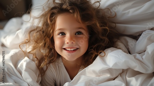 A little girl Smiles dreamily in bed under a blanket smiles and does not want to go to bed
