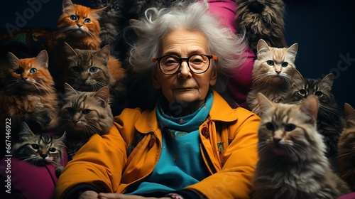 Crazy old granny in glasses, cat lady sitting in a chair in yellow cloak, with her many favorite cats