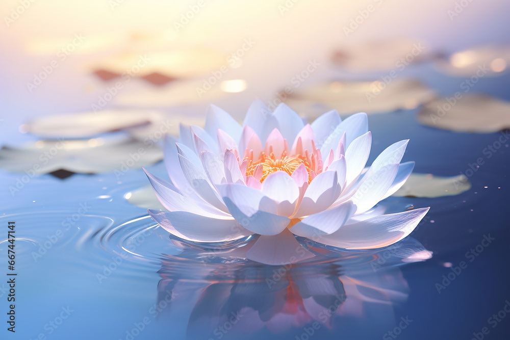 The beautiful and relaxing scene of the pure bloom white  light pink lotus on a still water surface of a pond, Generative AI.