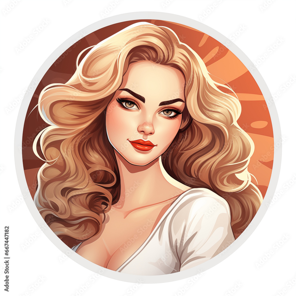 A Circular Sticker-style Illustration of a Woman with Long Blonde Hair