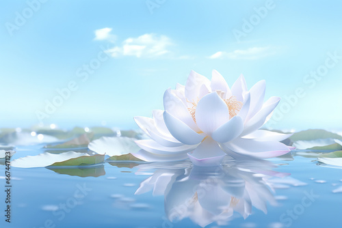 The beautiful and relaxing scene of the pure bloom white  light pink lotus on a still water surface of a pond  Generative AI.