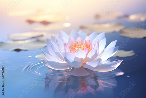 The beautiful and relaxing scene of the pure bloom white  light pink lotus on a still water surface of a pond  Generative AI.