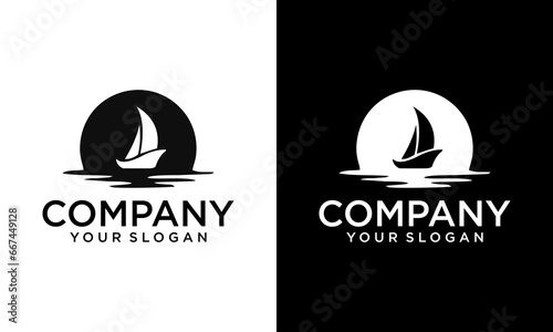 Simple Sailboat dhow boat ship on Sea Ocean Wave with Doodle line art style for Sailing Travel Transport logo design