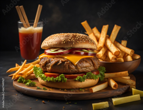 The fresh and delicious cheeseburger with fries on a dark black background. photo