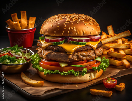 The fresh and delicious cheeseburger with fries on a dark black background.