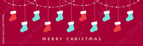 Merry Christmas Border Banner, Hanging Santa Stockings Garland. Winter Holiday Season Header Decoration. Web Banner Template. Vector illustration.