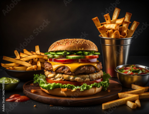 The fresh and delicious cheeseburger with fries on a dark black background. photo