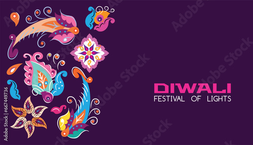 Traditional Indian festival Diwali. Happy Festival of lights Deepavali Template  banner, poster, greeting card Festive Burning diya graphic design background Vector abstract flat illustration