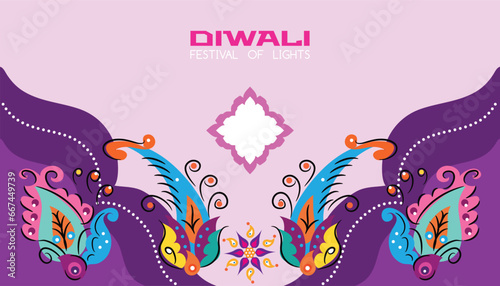 Traditional Indian festival Diwali. Happy Festival of lights Deepavali Template  banner, poster, greeting card Festive Burning diya graphic design background Vector abstract flat illustration