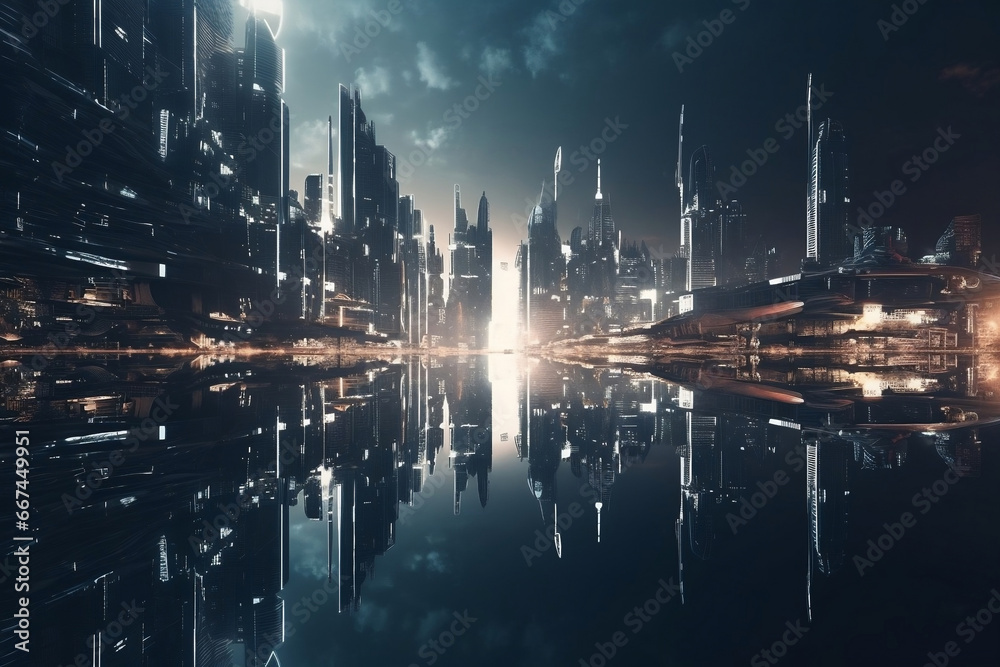 super futuristic cityscape with the city harbor in water reflections below generative ai