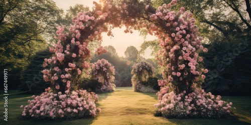 an arch of flowers overlooking a garden of branches and roses with a romantic nature, generative AI