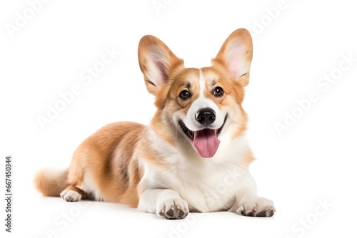 Happy Welsh Corgi puppy  dog winking  panting and sitting isolated on white