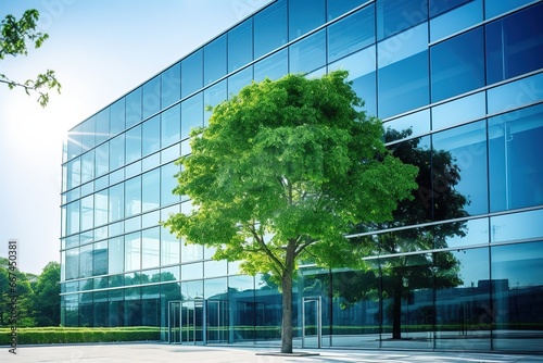 Eco-friendly building in the modern city. Sustainable glass office building with trees for reducing heat and carbon dioxide. 
