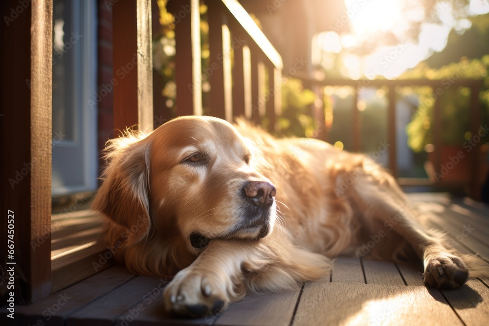 Relaxing Dog Laying on Porch in Sunlight Generative Illustration