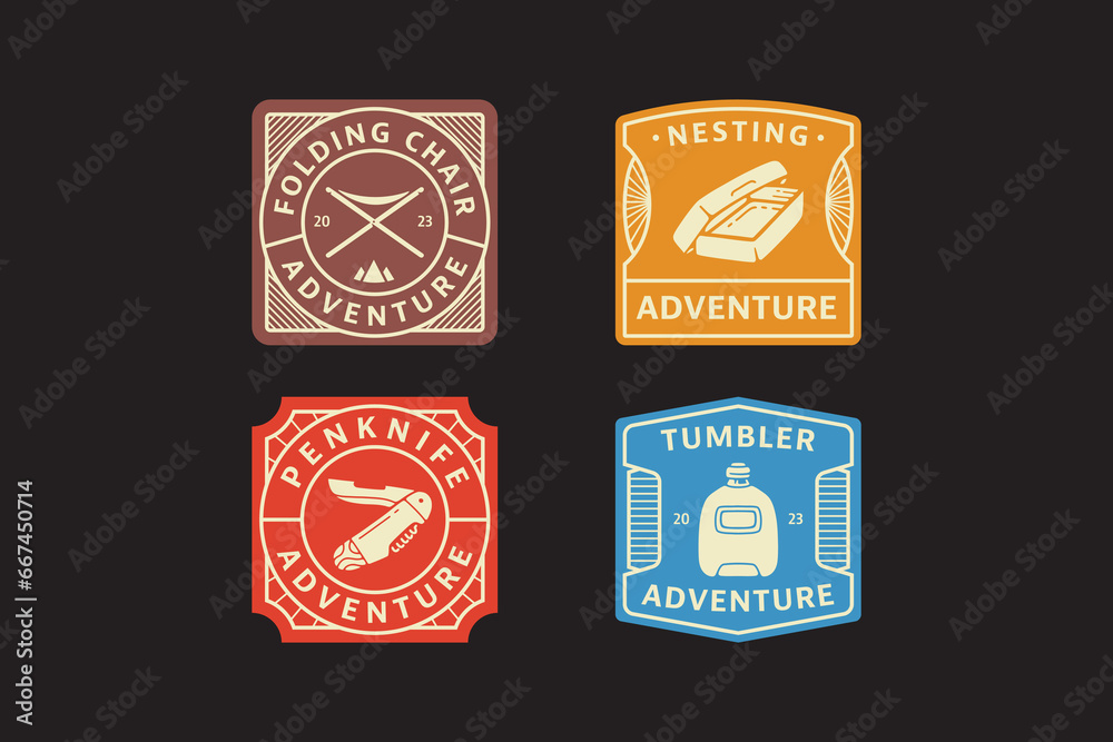 folding chair, knife, tumbler, nesting badge logo vector collection for adventure and camping