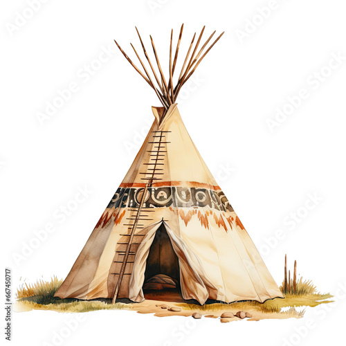 Hand drawn watercolor indigenous teepee, solitary white campground tent. Bohemian American wigwam photo