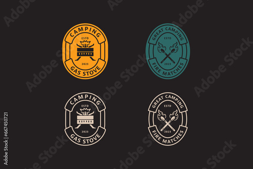 gas stove and fire matches badge logo vector collection for adventure and camping