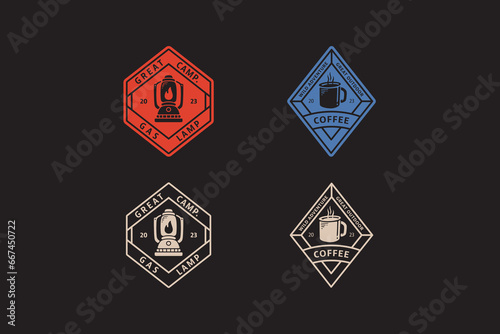 gas lamp and a cup of coffee badge logo vector collection for adventure and camping