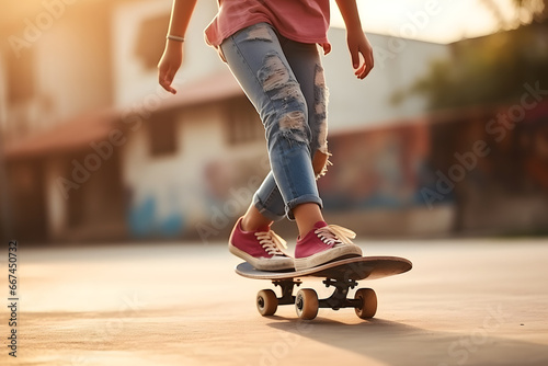 Close up of woman riding a skateboard outdoors on a beautiful summer day photo