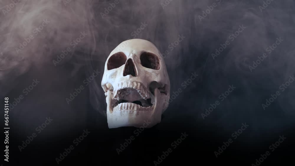 Spooky scene terrifying human skull rotating in creeping smoke on black background close up, Halloween eve. Anatomical body structure. Spooky scene terrifying human skull rotating in creeping smoke on black background close up, Halloween eve. Anatomical body structure.