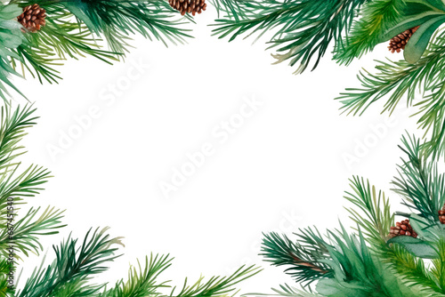 Christmas tree branch watercolor background frame. Rectangular border with coniferous twigs and cone