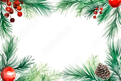 Christmas tree branch background border. Watercolor rectangular frame with coniferous twigs, cone and berries