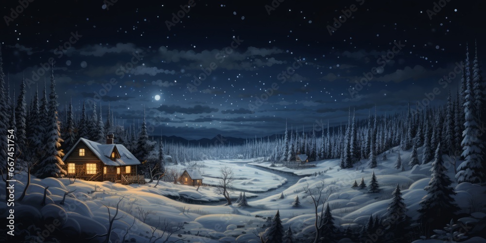  Illustration depicts a lone cabin amidst snowy trees, capturing winter's quiet.