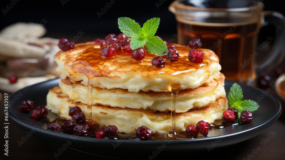 Cottage cheese pancakes with honey, cranberries, and tea generative ai