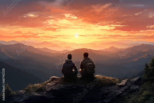 Couple sitting on top of a mountain and looking at the sunset