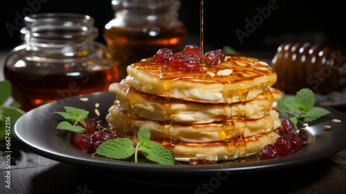 Cottage cheese pancakes with honey, cranberries, and tea