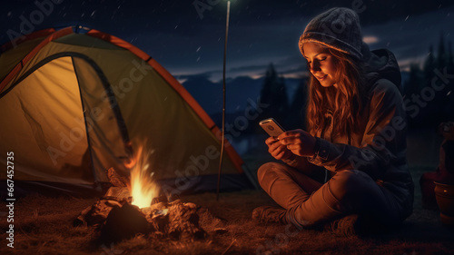 night camping smiling woman using phone near fire and tent.