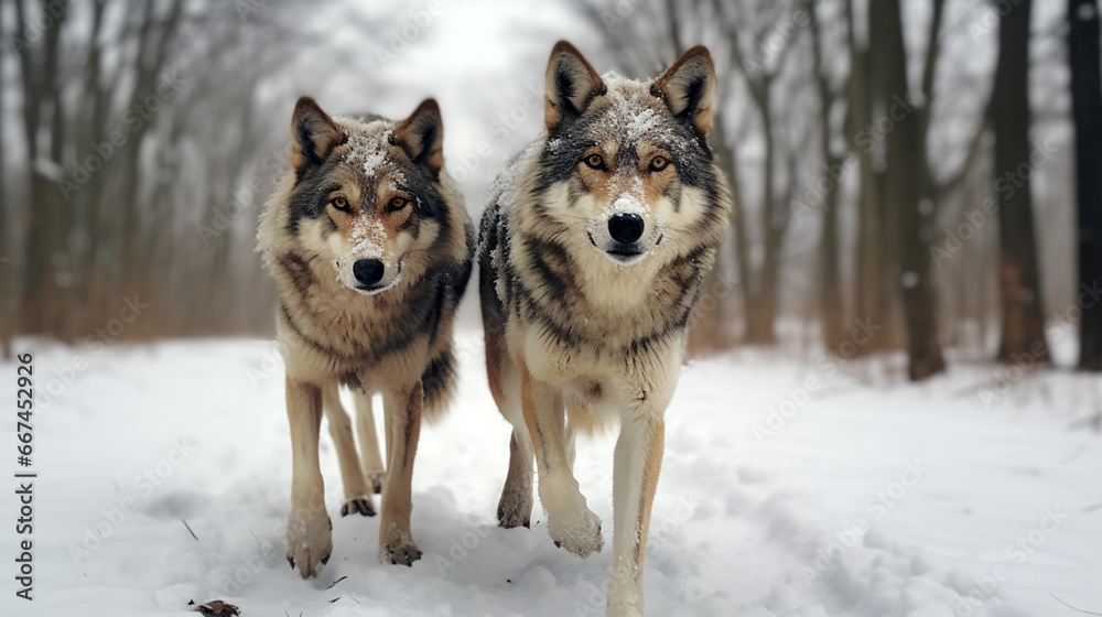 Portrait of Two Grey Wolves in The Snow