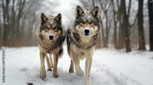 Portrait of Two Grey Wolves in The Snow © Nurple Art