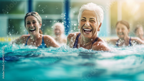 Active senior women in aqua fit class, joy and camaraderie © JKLoma