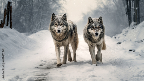 Two Grey Wolves in the Snow Walking Down a Road
