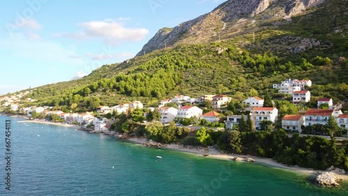 Idyllic Landscape Of Brist Village In Southern Dalmatia, Croatia - aerial drone shot photo