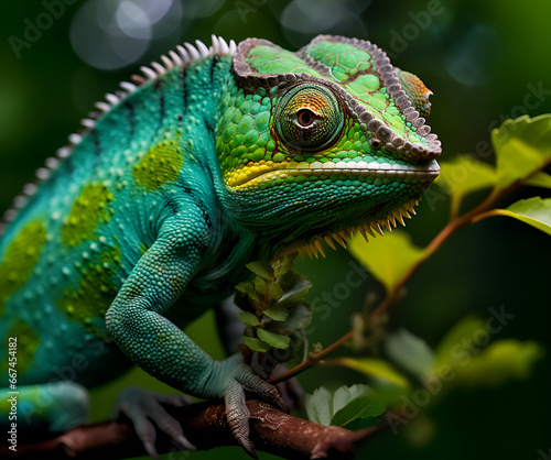 Green colored chameleon close up