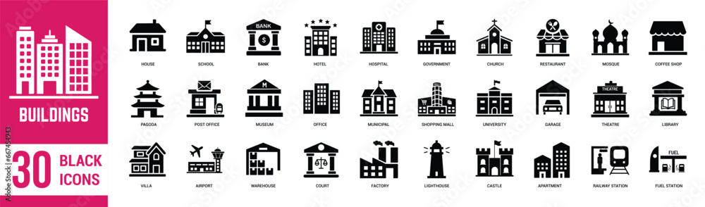 Building solid black icons set. House, building, school, bank, government, warehouse, apartment, church, villa and office. Vector illustration