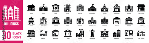 Building solid black icons set. House, building, school, bank, government, warehouse, apartment, church, villa and office. Vector illustration photo