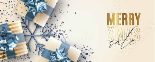 christmas sale banner with realistic presents blue golden